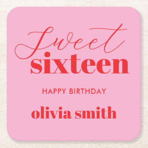 Sweet Sixteen Modern Pink Red 16th Birthday Square Paper Coaster