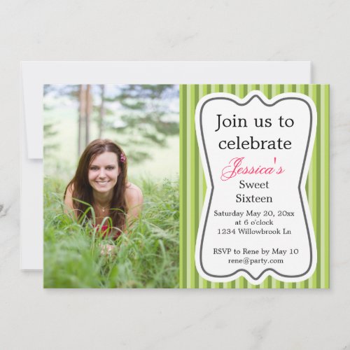 Sweet Sixteen Modern Stripes Green Girl's 5x7 Paper Invitation Card
