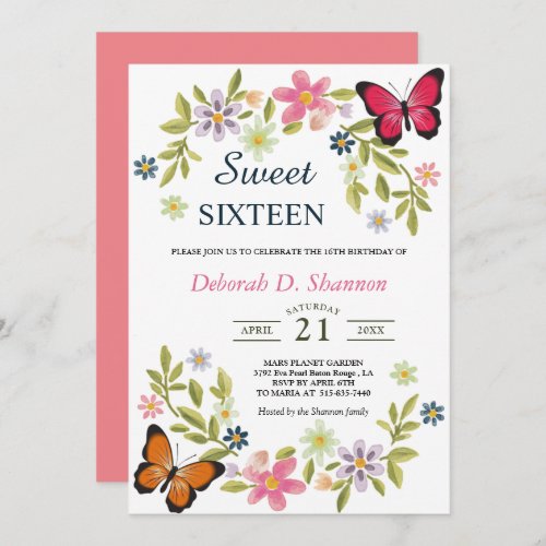 Sweet Sixteen Nature Flowers and Butterflies Invitation