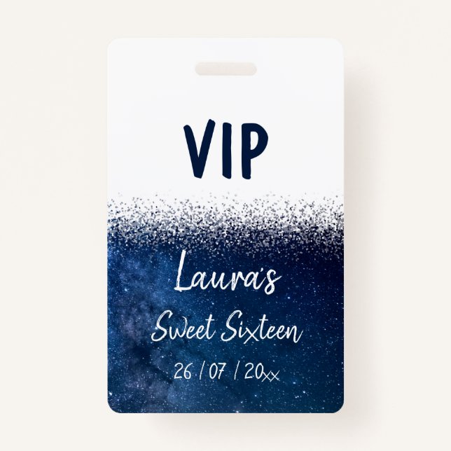 Sweet Sixteen Navy Blue White VIP badge (Front)