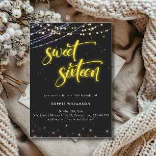 Sweet sixteen neon lights birthday  invitation