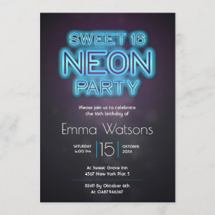 Sweet sixteen Neon Party Blue Invitation