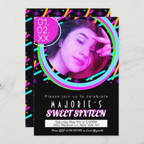 Sweet Sixteen Neon Party Club Style Glow Laser Invitation