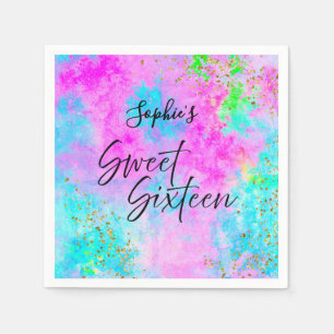 Sweet Sixteen Neon Watercolor Party Napkins
