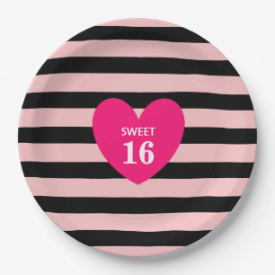 Sweet Sixteen on Black & Pink Striped Birthday Paper Plates