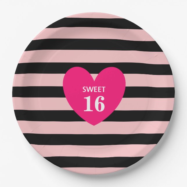 Sweet Sixteen on Black & Pink Striped Birthday Paper Plates (Front)