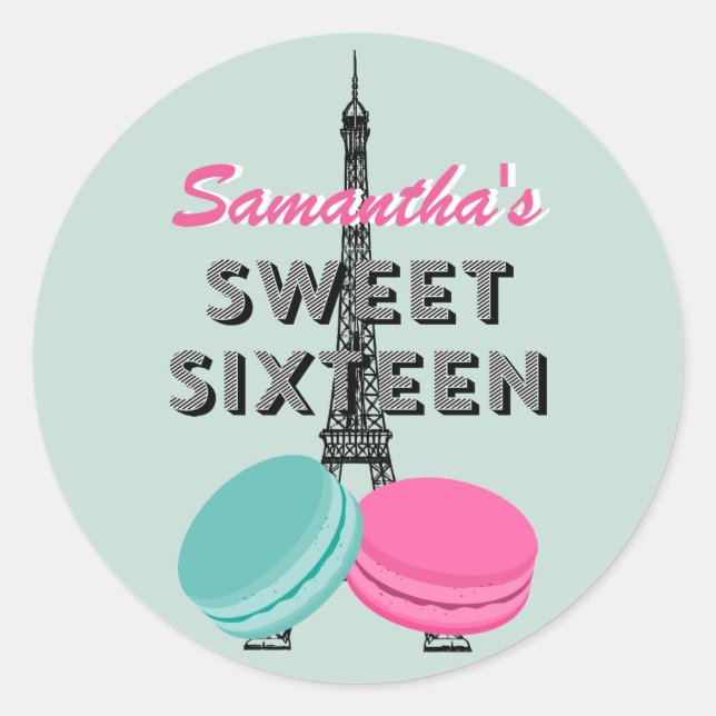 Sweet Sixteen Paris Macaron Birthday Sticker Favor (Front)