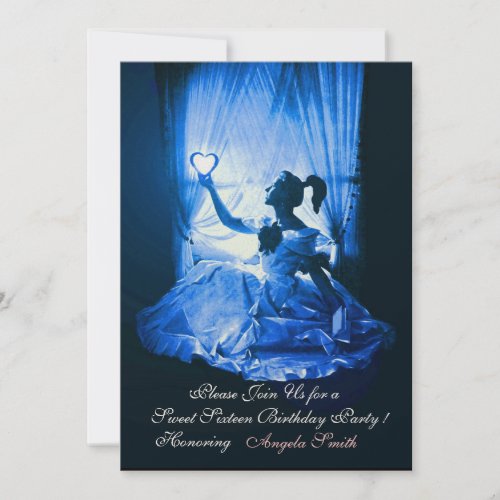 SWEET SIXTEEN PARTYBLUE BLACK DAMASK Champagne Invitation