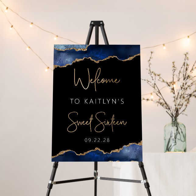 Sweet Sixteen Party Blue Gold Agate Welcome Foam Board (In Situ (Stand))