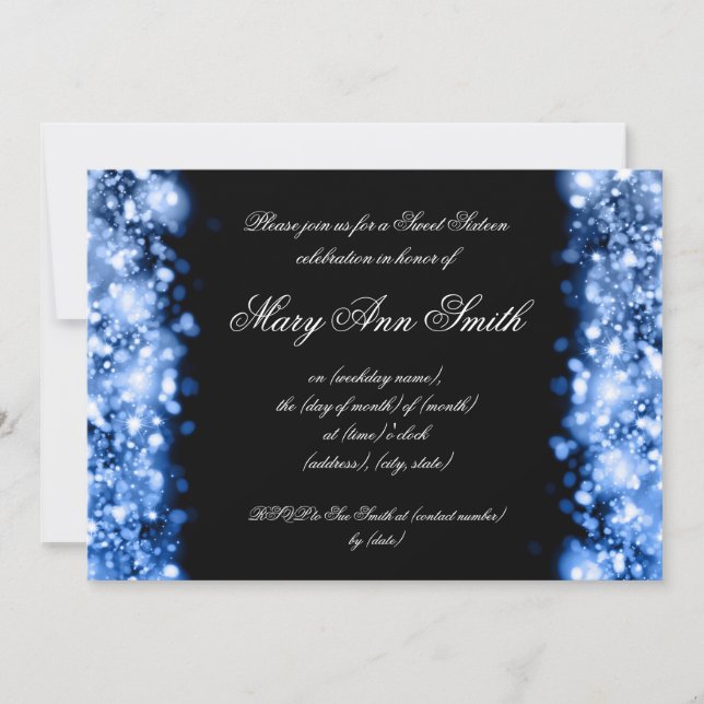 Sweet Sixteen Party Blue Sparkling Lights Invitation (Front)