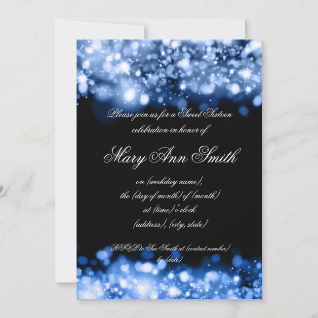 Sweet Sixteen Party Blue Sparkling Lights Invitation (Front)