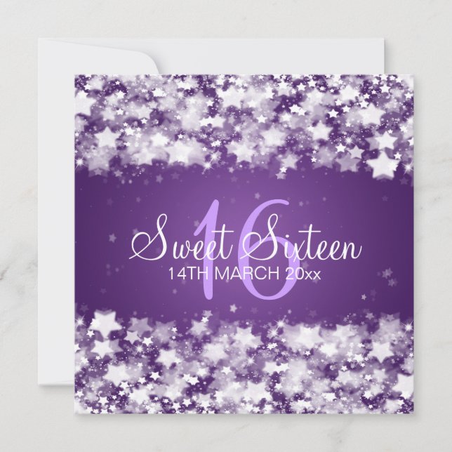 Sweet Sixteen Party Dazzling Stars Purple Invitation (Front)
