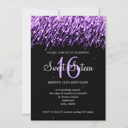 Sweet Sixteen Party Falling Stars Purple Custom Invites