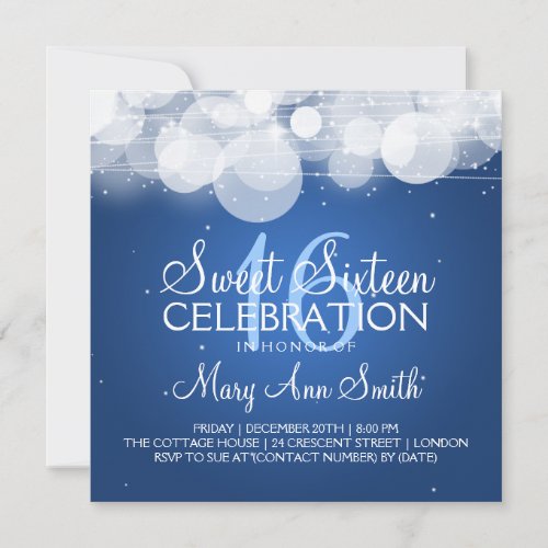 Sweet Sixteen Party Glow  Sparkle Blue Invitation