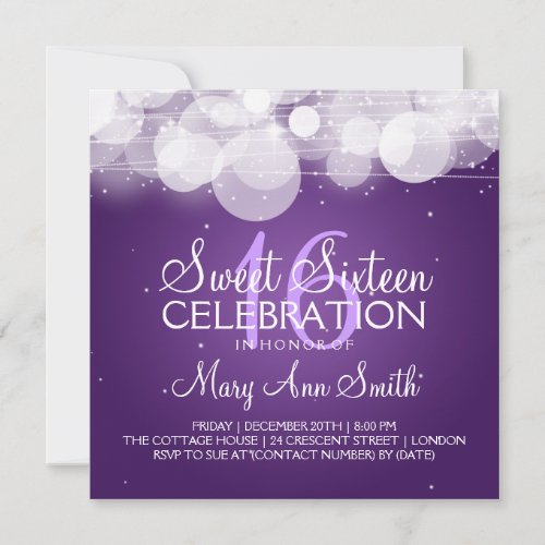 Sweet Sixteen Party Glow  Sparkle Purple Invitation