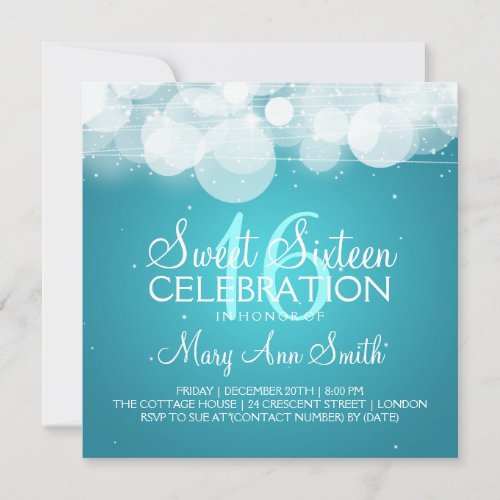 Sweet Sixteen Party Glow  Sparkle Turquoise Invitation