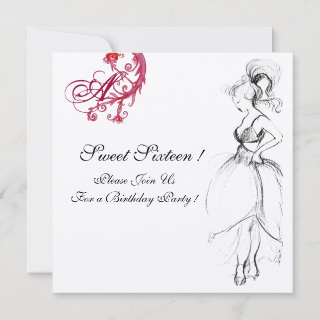 SWEET SIXTEEN PARTY MONOGRAM, red black and gold Invitation (Front)