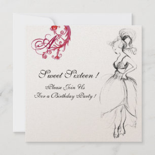 SWEET SIXTEEN PARTY MONOGRAM, red black and gold Invitation