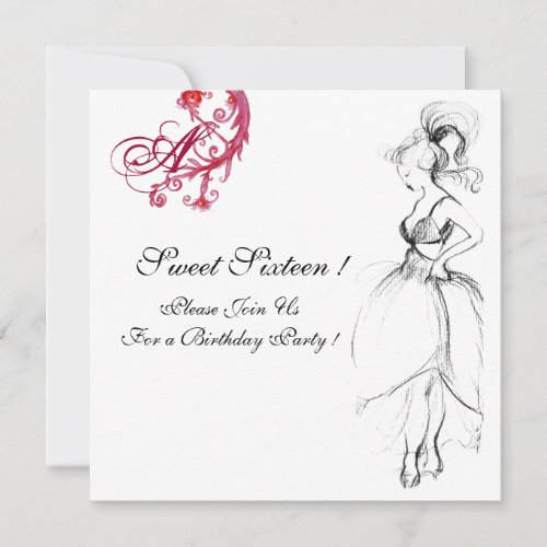 SWEET SIXTEEN PARTY MONOGRAM red black and white Invitation