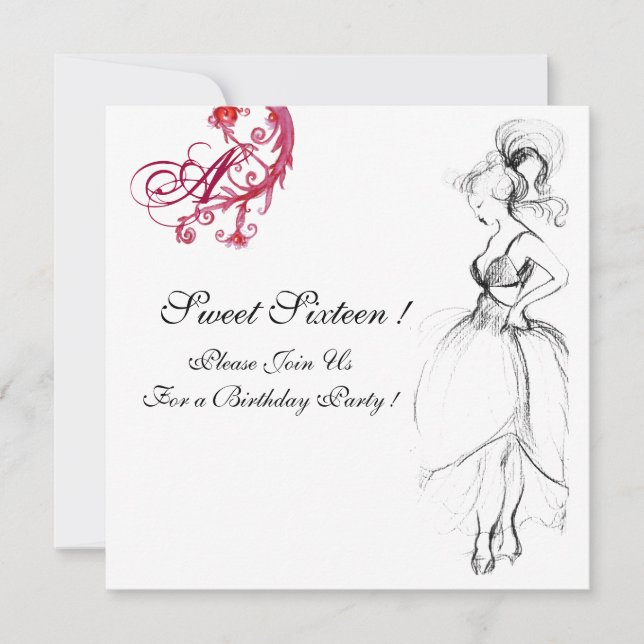SWEET SIXTEEN PARTY MONOGRAM, red black and white Invitation (Front)