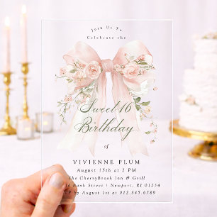 Sweet Sixteen Party Pink Coquette Bow Rose Floral Acrylic Invitations