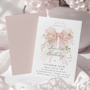 Sweet Sixteen Party Pink Coquette Bow Rose Floral Invitation