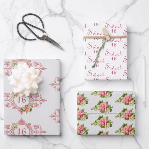 Sweet Sixteen Party Pink Delicate Floral  Wrapping Paper Sheets