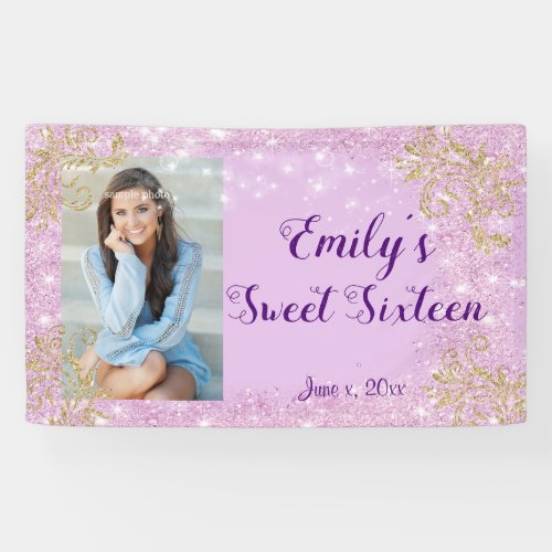 Sweet Sixteen Party Pink Glitter Custom Banner