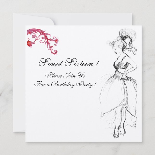 SWEET SIXTEEN PARTY, red black and white champagne Invitation (Front)
