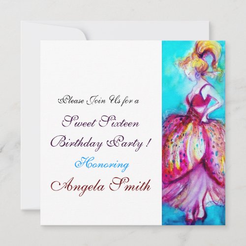 SWEET SIXTEEN PARTY red pink blue turquase white Invitation