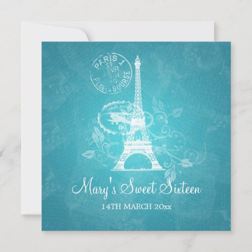 Sweet Sixteen Party Romantic Paris Blue Invitation