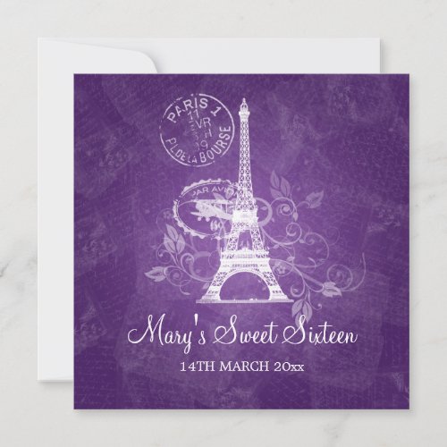 Sweet Sixteen Party Romantic Paris Purple Invitation