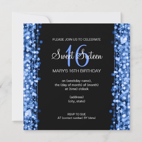 Sweet Sixteen Party Sparkles Blue Personalized Invitation