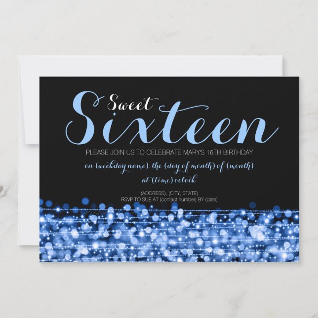 Sweet Sixteen Party Sparkles & Lights Blue Invitation (Front)