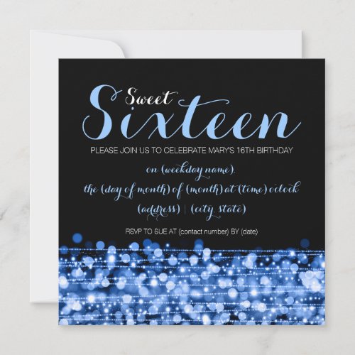 Sweet Sixteen Party Sparkles &amp; Lights Blue Invitations