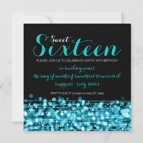 Sweet Sixteen Party Sparkles &amp; Lights Turquoise Personalized Announcement