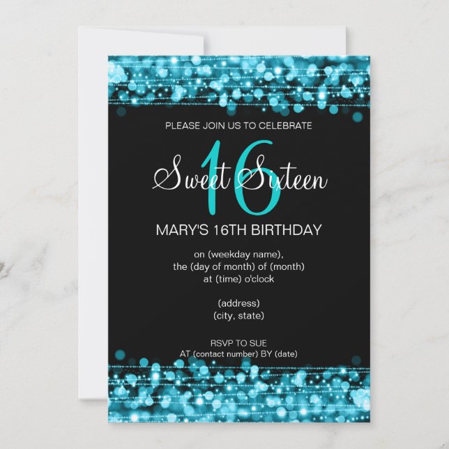 Sweet Sixteen Party Sparkles Teal Blue Invitation (Front)