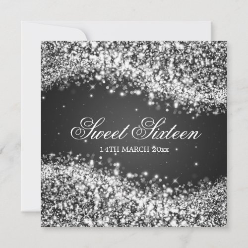 Sweet Sixteen Party Sparkling Wave Black Invites