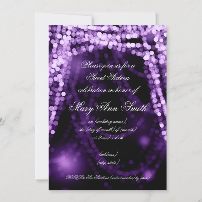 Sweet Sixteen Party String Lights Purple Invitation (Front)