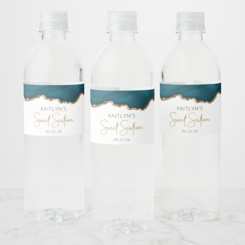 Sweet Sixteen Party Teal Blue Gold Agate Water Bottle Label