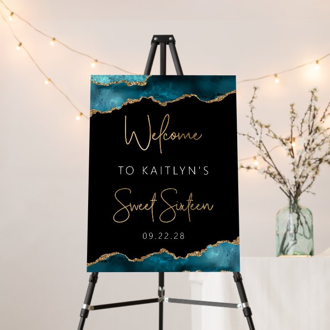 Sweet Sixteen Party Teal Gold Agate Welcome Foam Board (In Situ (Stand))