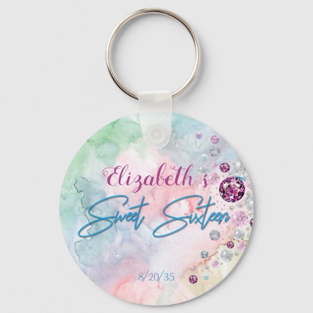 Sweet Sixteen Pearls Gems Pink Blue Green Keychain (Front)