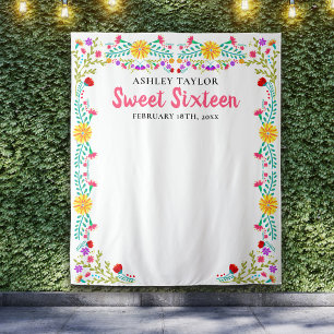 Sweet Sixteen Photo Backdrop Mexican Flowers White