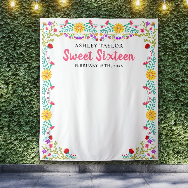 Sweet Sixteen Photo Backdrop Mexican Flowers White (Creator Uploaded)
