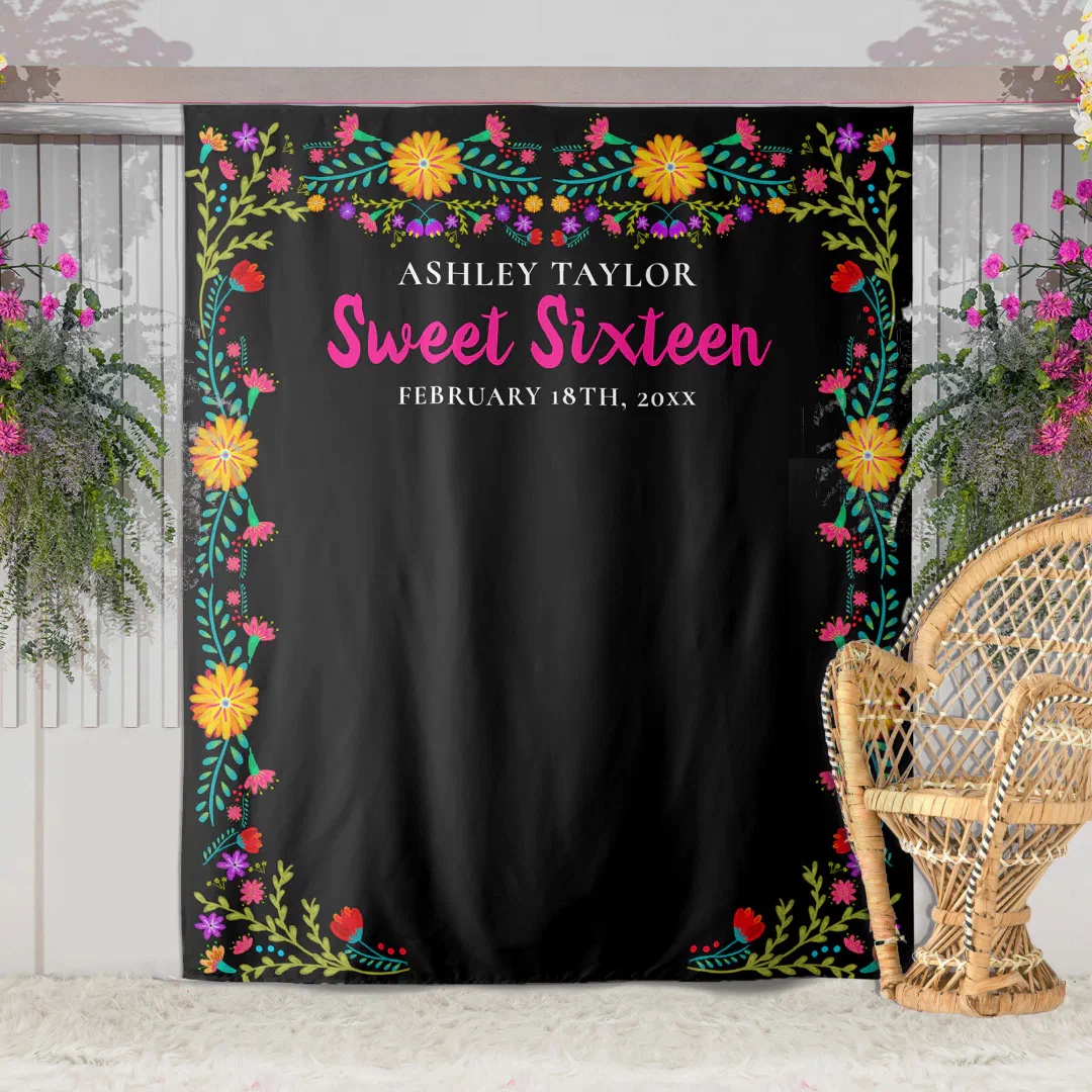 Black banner with mexican flowers in shades of yellow, green, red and purple are covering each border.