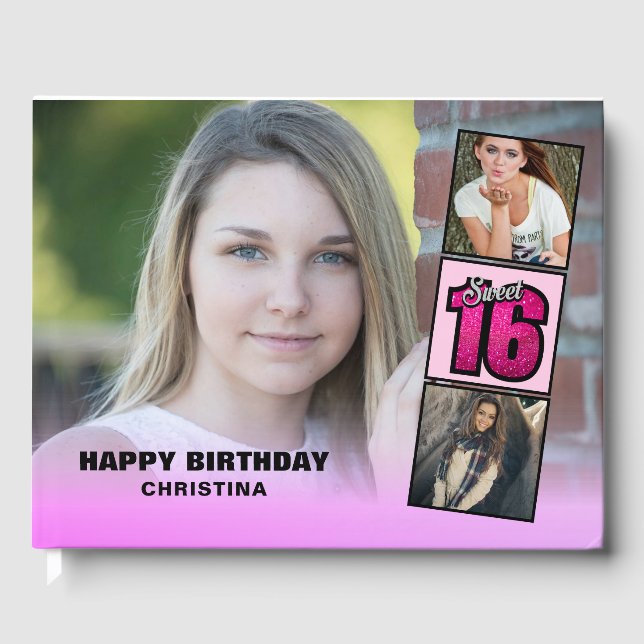 Sweet Sixteen Photo Collage Hot Pink Glitter Guest Book (Front)