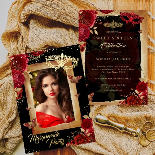 Sweet Sixteen Photo Masquerade Party Red Rose Gold Foil Invitation