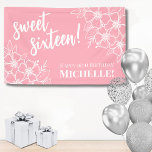 Sweet Sixteen Pink 16th Birthday Party Banner<br><div class="desc">Sweet Sixteen Pink White Birthday Banner: Celebrate a special milestone with this elegant 16th birthday banner. Featuring a sophisticated pink background adorned with white flowers, this banner combines classic serif fonts and script typography to create a stylish look. The text prominently displays "Sweet Sixteen" and can be personalized to include...</div>