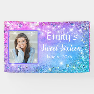 Sweet Sixteen Pink Blue Glitter Sparkle Lights Banner