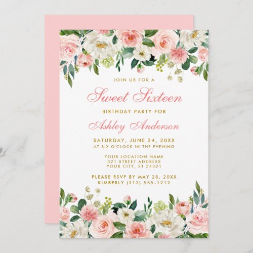 Sweet Sixteen Pink Blush Floral Gold Invitation